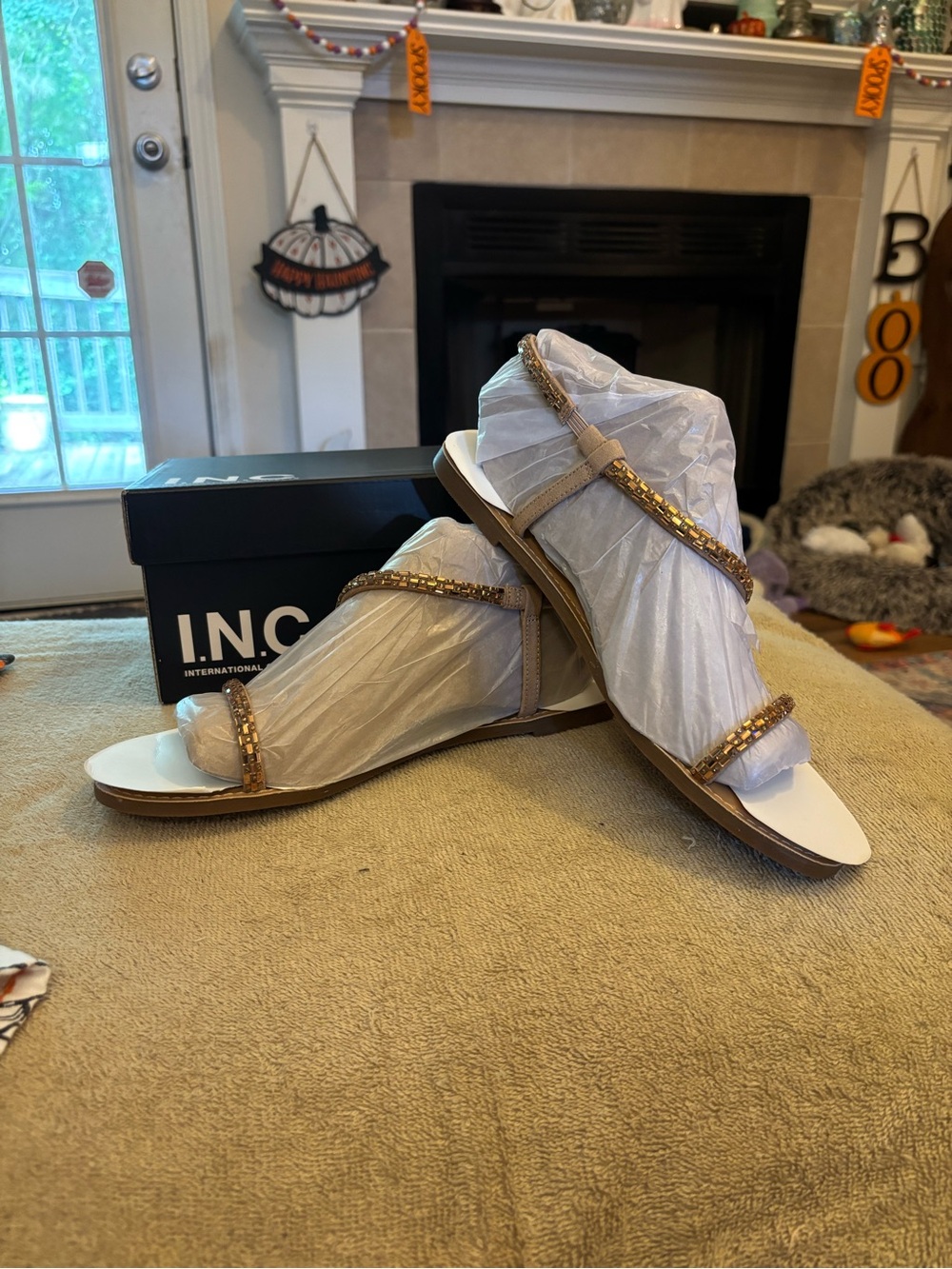 INC International Concepts Tan Slide Sandals with bronze Beading